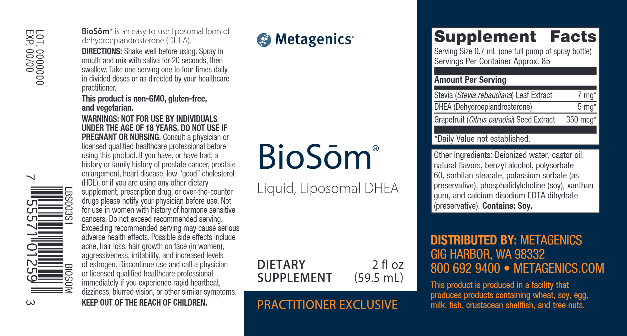 BioSōm 2 fl oz label ingredients dose