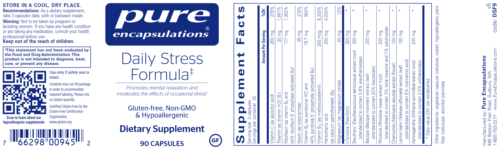 Daily Stress Formula 90 caps bottle label ingredients