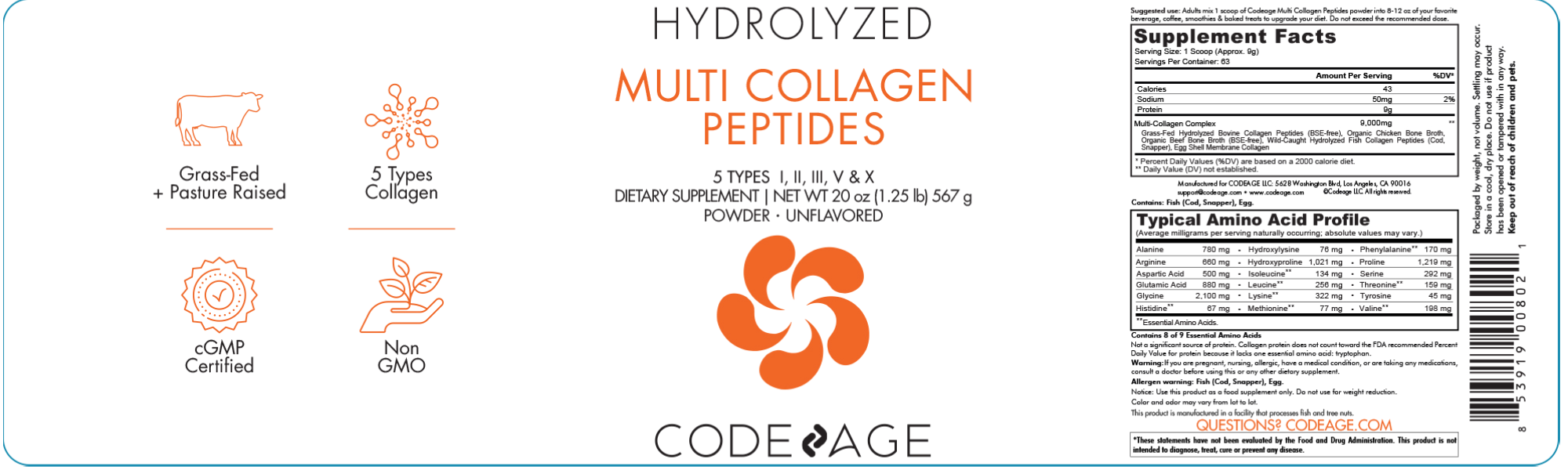 Multi Collagen Peptides Powder 20 oz label ingredients