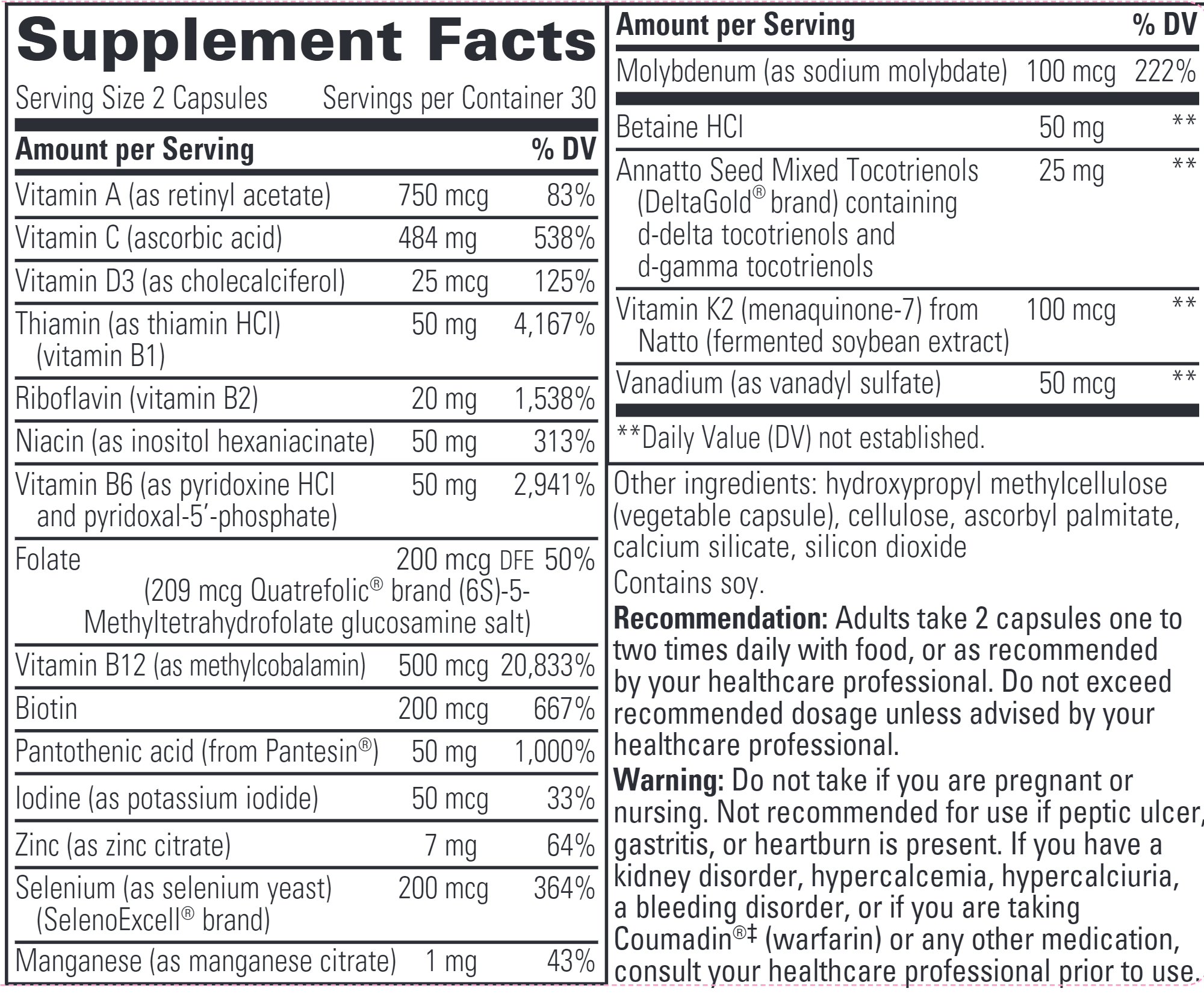 ProThrivers Wellness Multi 60 vegcaps label ingredients