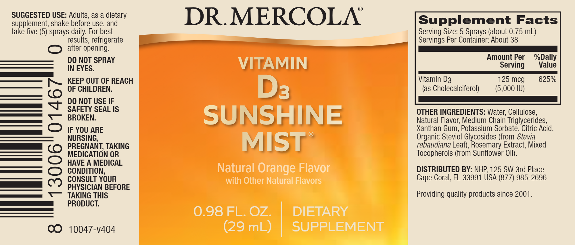 Vitamin D Spray .98 fl oz label ingredients dose