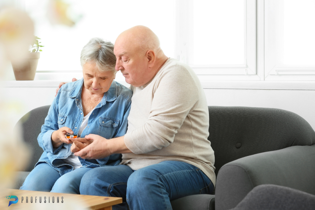 Elderly couple sharing a moment testing blood sugar after taking peptides.