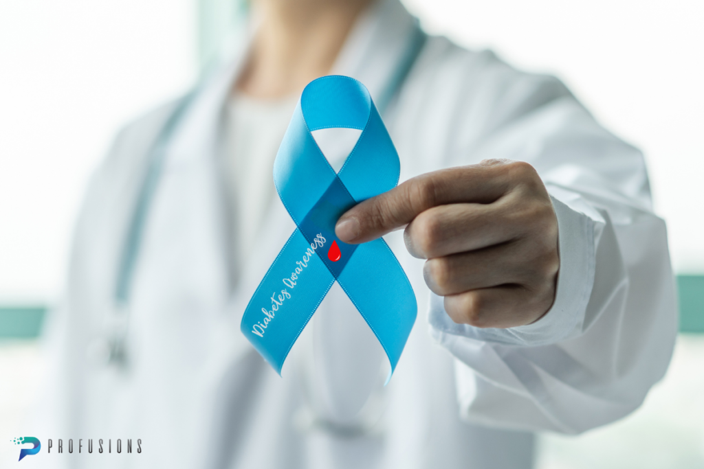 Doctor holding blue diabetes awareness ribbon