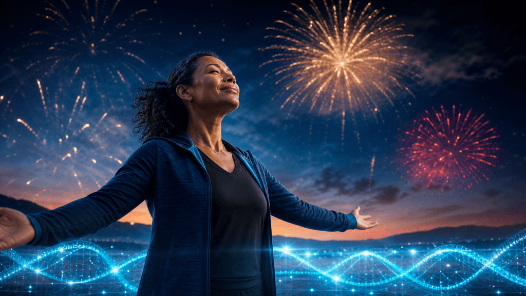 Person standing with arms open under 4th of July fireworks, symbolizing freedom and longevity wellness