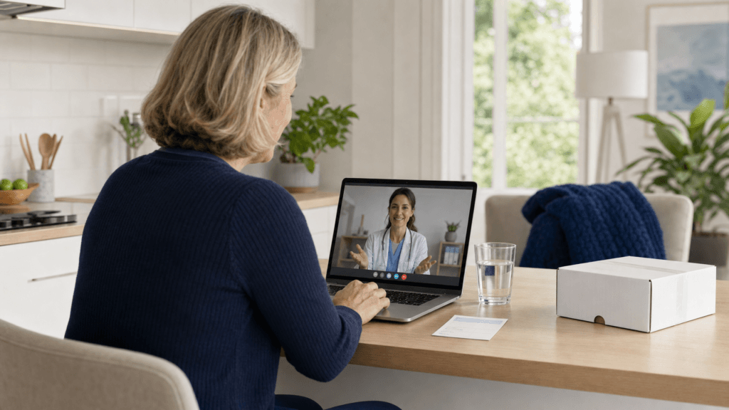 Patient completing a telehealth visit at home before receiving a prescribed GLP-1 medication shipment