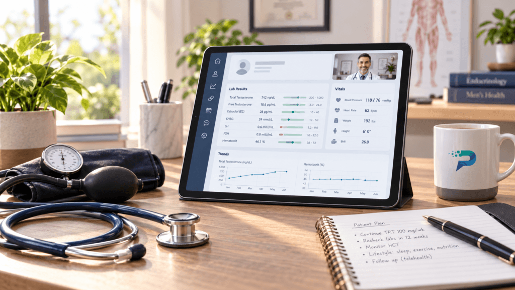 Clinical desk setup representing telehealth TRT doctor evaluation with digital health charts and medical diagnostic equipment