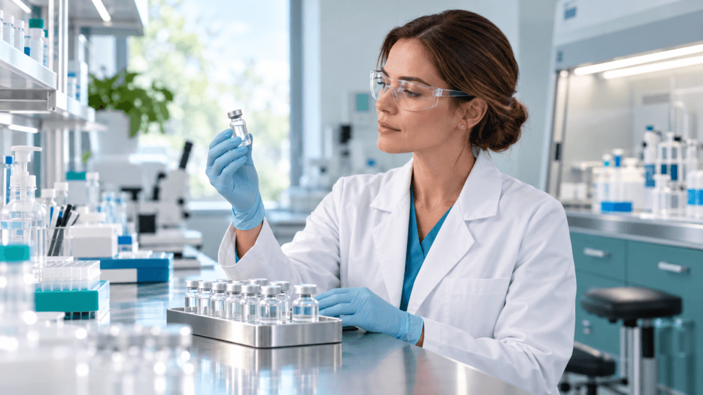 Licensed compounding pharmacy laboratory reviewing sterile peptide vials